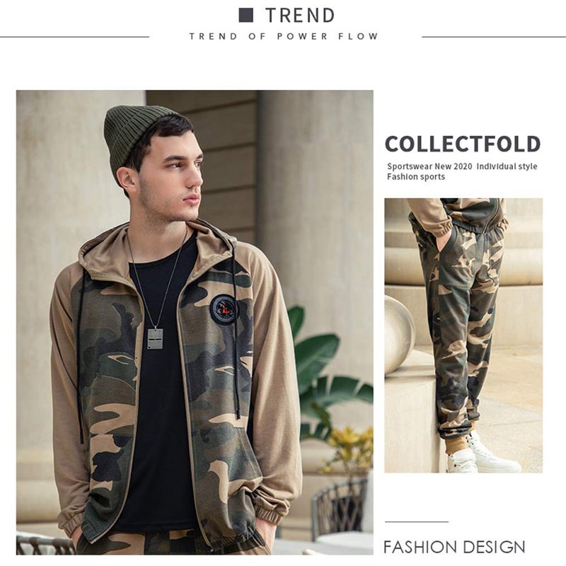 DUOFIER Men's Tracksuit Set Camouflage Sweatshirt Jogger Sweatpants Warm Sports Suit, Khaki-L - Image 4